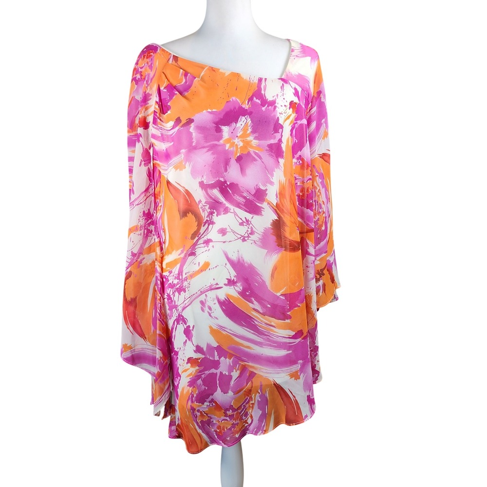 Dana Kay Tunic Top Blouse Womens‎ 16W Pink Orange Floral Chiffon Casual Festival